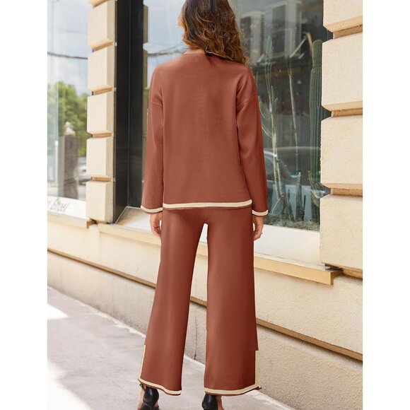 Women's Rust Long Sleeve Knit Sweater Top & Wide Leg Pants Lounge Set - Picture 6 of 6